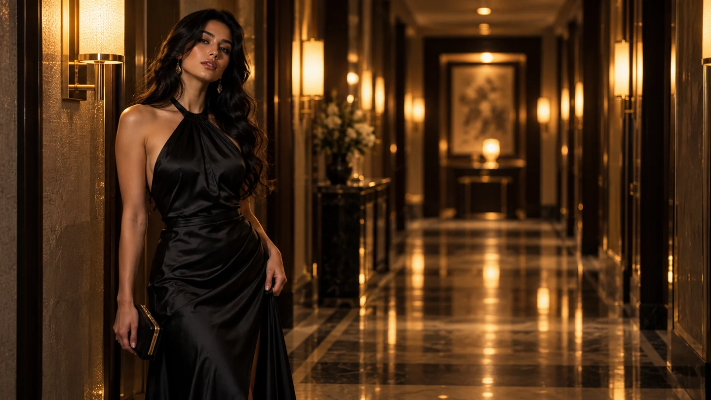 The hotel corridor — fictional adult fashion film visual